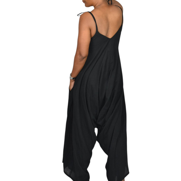 9Seed Bali Draped Jumpsuit Black Crinkle Gauze Harem Romper Drop Crotch One Size - Picture 2 of 14
